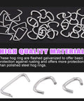 Galvanized hog rings in assorted sizes shown on display for heavy duty use; 900 Pcs Galvanized Hog Rings Three Quarters Inch One Half Inch Three Eighths Inch Assorted Kit With Pliers For Upholstery Cords Bungee Ties Pet Cages Bagging Pro Grade Heavy Duty Easy Crimping DIY Installation Kit.