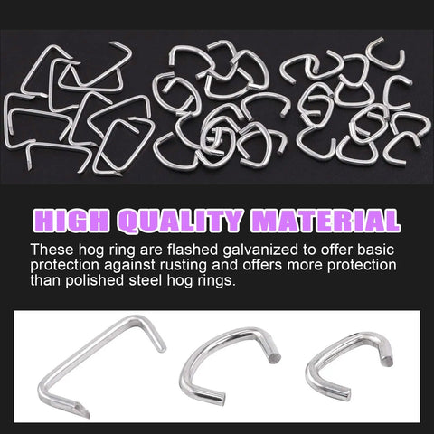 Galvanized hog rings in assorted sizes shown on display for heavy duty use; 900 Pcs Galvanized Hog Rings Three Quarters Inch One Half Inch Three Eighths Inch Assorted Kit With Pliers For Upholstery Cords Bungee Ties Pet Cages Bagging Pro Grade Heavy Duty Easy Crimping DIY Installation Kit.