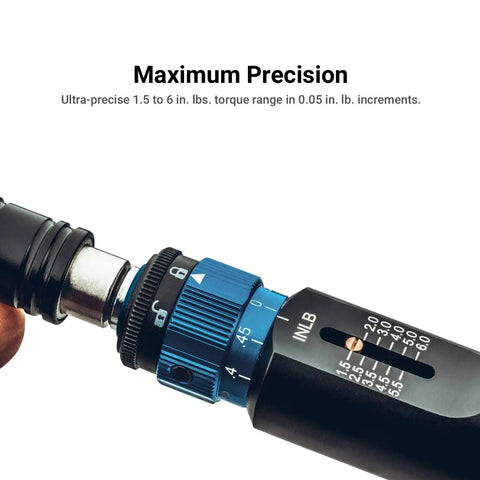 Ultra Precision Torque Limiting Screwdriver Set With Adjustable Range From 1.5 To 6 Inch Pounds In 0.05 Pound Increments For Electronics Computers And Delicate Instruments One Hand Torque Quick Adjust For Precise Electronics Repair showing adjustable dial and measurement scale