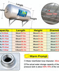 Heavy Duty 30 Gallon Stainless Steel Water Pressure Tank Kit wall mounted with dimensions and material detail.