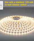 RibbonFlex Home AC Dimmable Bright White LED Tape Light Kit 4000K, 5M 16.4 Ft coiled on surface, dimmer switch illustration