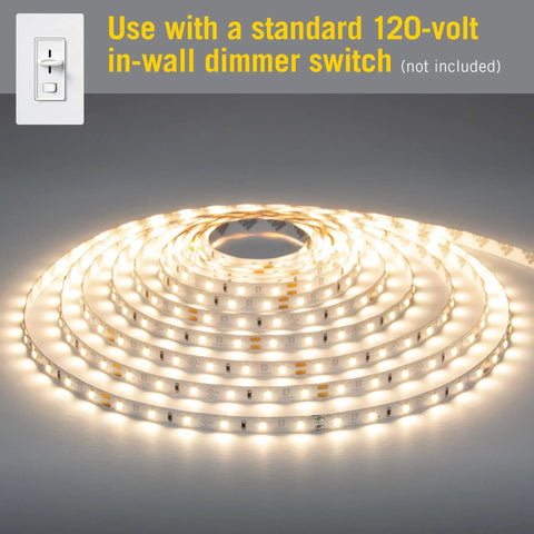 RibbonFlex Home AC Dimmable Bright White LED Tape Light Kit 4000K, 5M 16.4 Ft coiled on surface, dimmer switch illustration