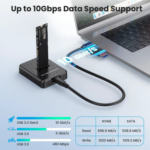 M2 NVMe And SATA To USB C Docking Station Including USB A Reader Adapter for fast data transfers connected to a laptop.