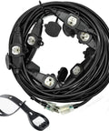 50Ft Weatherproof Outdoor Extension Cord with Seven Inline Outlets, LED Indicator, coiled view with strap, ETL Listed