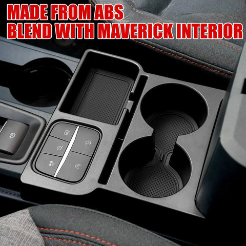 Ford Maverick Center Console Organizer Kit with dual cup holders, ABS material, interior view of 2022-2026 Maverick