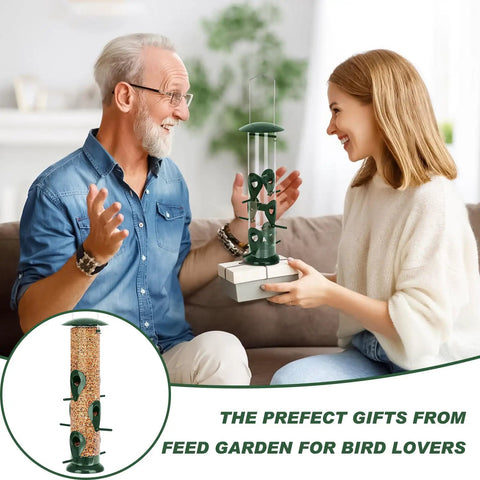 Woman gifting Six Port Metal Bird Feeder For Outdoors Real Sturdy Tube Style Design Heavy Duty Squirrel Proof Lid Weather Resistant