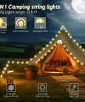 Rechargeable Camping String Lights 32.8ft With 8 Lighting Modes illuminating a tent and surrounding area, ideal for outdoor use.