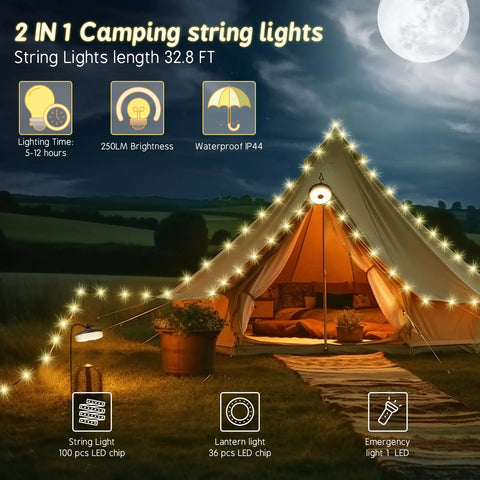 Rechargeable Camping String Lights 32.8ft With 8 Lighting Modes illuminating a tent and surrounding area, ideal for outdoor use.