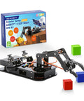 ACEBOT 4-DOF robotic arm kit on a black base with visible wiring; blue box and red, blue, green cubes nearby