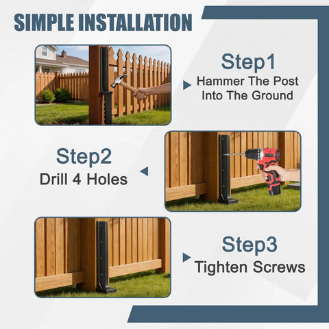 2 Pack Heavy Gauge Steel Fence Post Repair Kit With Ground Anchored Brackets showing installation steps for securing wooden fences.