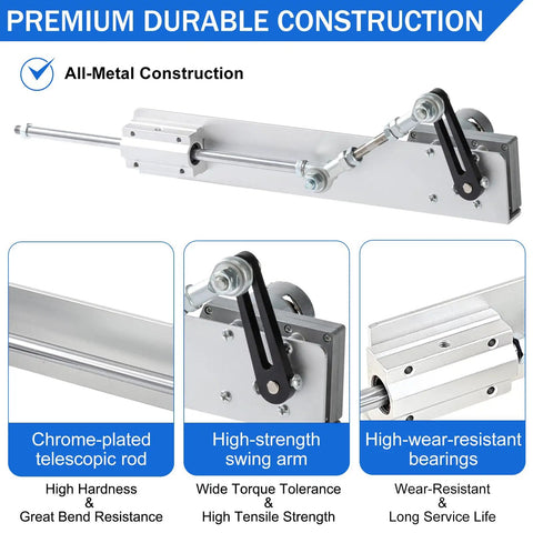 Really Badass Reciprocating Linear Actuator With Plug And Play Remote Timer Controller For Adjusting Stroke On Diy Projects Holiday Decor And Mixing Or Bending Tasks Powered By Dependable 24V Dc 775 Motor, showcasing all-metal construction, chrome-plated rod, and swing arm features.