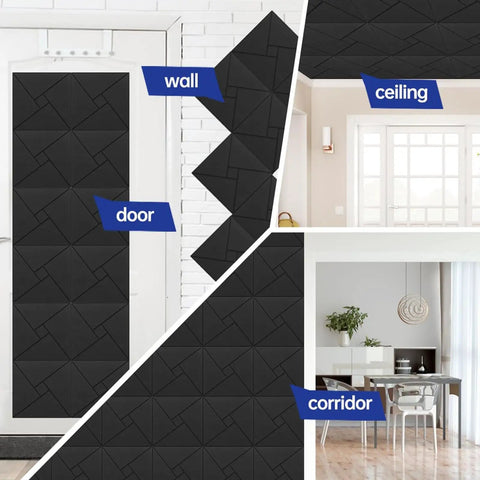 Twelve Piece Heavy Duty Acoustic Foam Wall Panels Crafted For Home Studios And Modern Workspaces Delivering Top Shelf Sound Dampening And Flame Retardant Coverage on wall, door, and ceiling.
