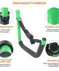 Close-up of Heavy Duty Kayak Wall Mount Rack Kit Four Pack Green With Straps 100 Lb Capacity showing tie-down points, foam padding, and powder coating.