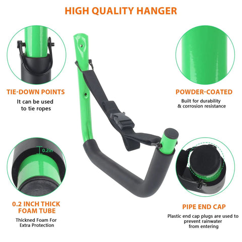 Close-up of Heavy Duty Kayak Wall Mount Rack Kit Four Pack Green With Straps 100 Lb Capacity showing tie-down points, foam padding, and powder coating.