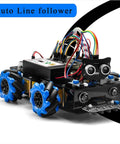 OSOYOO Mecanum wheel robot car kit for Raspberry Pi; black chassis with blue wheels and exposed wiring, front view