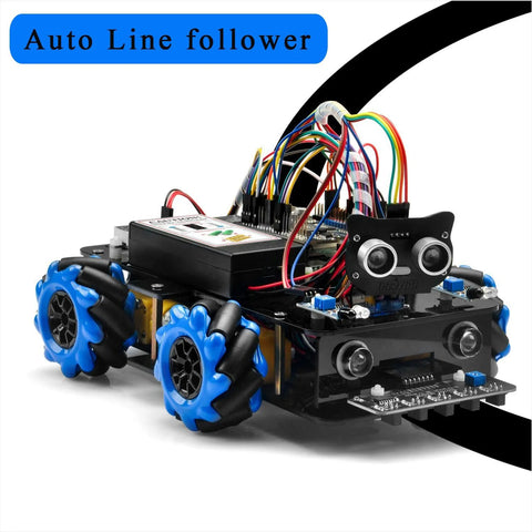 OSOYOO Mecanum wheel robot car kit for Raspberry Pi; black chassis with blue wheels and exposed wiring, front view