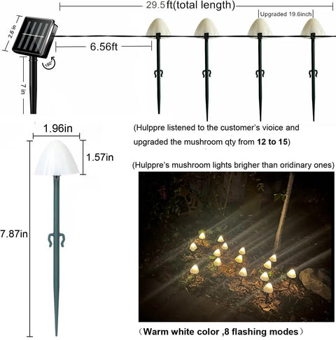 Mushroom Solar String Lights 15-Piece Set 29.5 Ft Total Warm White 8 Modes Outdoor Fairy Lights detail and setup image