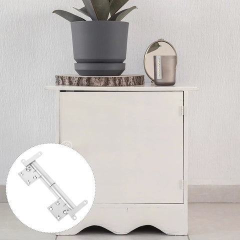 Zinc Alloy Folding Concealed Cabinet Hinges With Soft Close Buffer for tables in silver, shown on a white cabinet