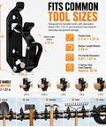 Six Pack Shovel Mounts for Truck Bed and Roof Rack Heavy Duty Tool Holder showing dimensions and tool compatibility chart