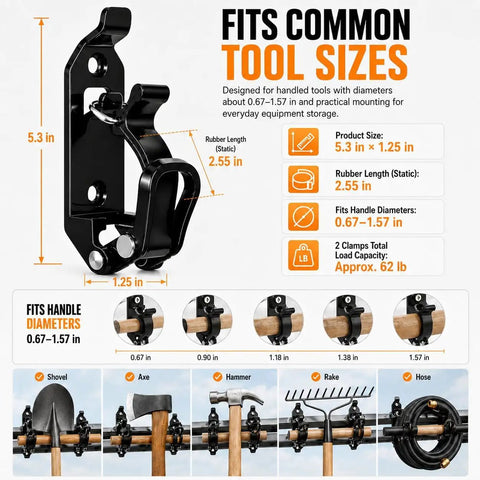 Six Pack Shovel Mounts for Truck Bed and Roof Rack Heavy Duty Tool Holder showing dimensions and tool compatibility chart