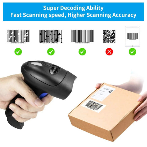 Handheld USB 1D Barcode Scanner With Stand Wired CCD Barcode Reader For POS Systems Stores Supermarkets And Warehouses Fast 1D Code Scanning From Paper Or Screen Supports UPC EAN Code 128 And More Easy Setup And Beast Build in use scanning a package barcode.