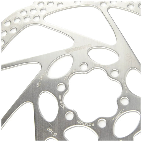 Close-up of Disc Brake Rotor Six Bolt 160mm For Mountain Bikes Resin Pad Only Mount IS Silver SM RT56