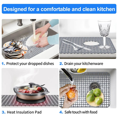 Silicone Kitchen Sink Mat Protector For Bottom Of Sink 28.1 By 14.3 Inches Non Slip Grey Drain Friendly Design Fits Stainless Steel And Porcelain Sinks For Kitchen Use