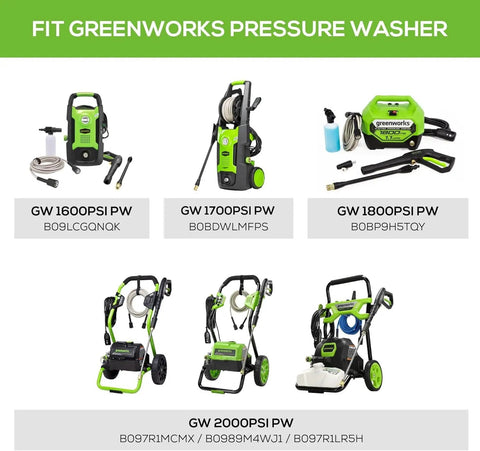11 Inch Surface Cleaner For Pressure Washers Universal Attachment With 1/4 Inch Quick Connect Eliminates Stripes On Driveways Sidewalks Patios And Decks Durable Build For Fast Even Cleaning 1 Year Warranty displayed with compatible Greenworks pressure washer models.