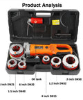 Heavy Duty 2300W Electric Pipe Threader Kit With Six Bsp Dies For Steel Galvanized Water Pipes Portable Handheld Thread Machine showing contents in case.