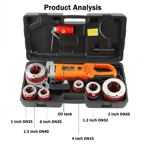 Heavy Duty 2300W Electric Pipe Threader Kit With Six Bsp Dies For Steel Galvanized Water Pipes Portable Handheld Thread Machine showing contents in case.