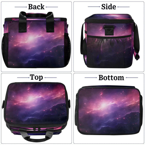 Insulated Picnic Backpack With Large Lunch Bag For Women And Men, Portable Tote, galaxy design, front, side, top, bottom views