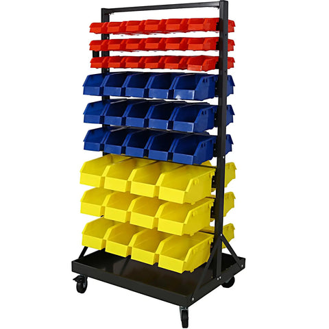 Front view of a 90 Bin Storage Rack With Locking Casters For Garage And Workshop, Double-Sided Tool Organizer, Heavy Duty Carbon Steel Black.