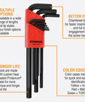 Long Reach Hex Key Set 9 Piece Allen Wrench Kit 1.5mm to 10mm with red case, Protanium steel, USA made, Bondhus brand.