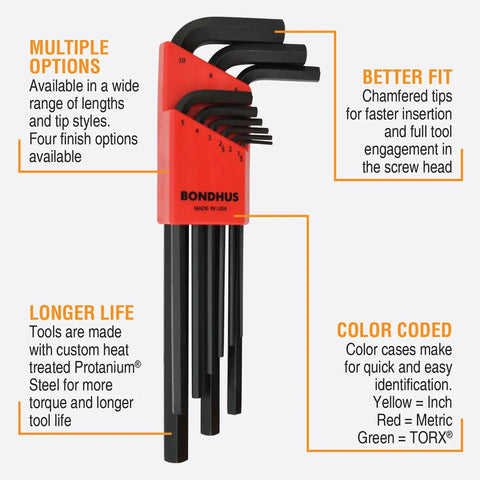 Long Reach Hex Key Set 9 Piece Allen Wrench Kit 1.5mm to 10mm with red case, Protanium steel, USA made, Bondhus brand.