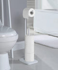 Freestanding Toilet Paper Roll Holder with Reserve Base White Powder Coated Finish Stand for Bathroom Restroom and Garage Holds Three Mega Rolls