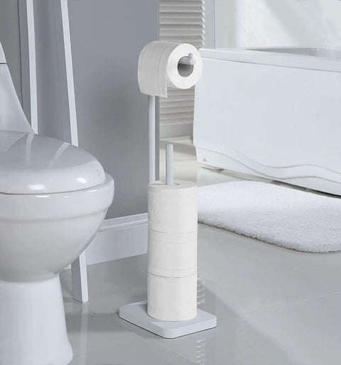 Freestanding Toilet Paper Roll Holder with Reserve Base White Powder Coated Finish Stand for Bathroom Restroom and Garage Holds Three Mega Rolls