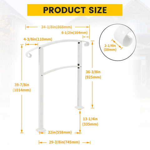 Adjustable Three Foot Steel Step Handrail For Outdoor Stairs Compatible With Two Or Three Steps Built Tough dimensions illustration with measurements.