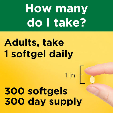 Vitamin D3 1000 IU Softgels Game Changer For Bone Density And Immune Defense For Men And Women Features A Bulk 300 Count Pack That Slaps A Full 300 Day Supply Of Vital Nutrients Supports Teeth Health, showing dosage instructions for daily use.