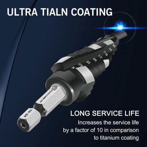 Four Spiral Flute TiAlN Coated Step Drill Bit Unibit 1/8 In To 1/2 In Wear Resistant Cobalt Drill Bit With 1/4 In Hex Shank For Metal