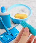Heavy Duty 2 Pack Threaded Pole End Adapters For 19MM Metal Mop Rods shown in hand with cleaning tools and bubbly water.