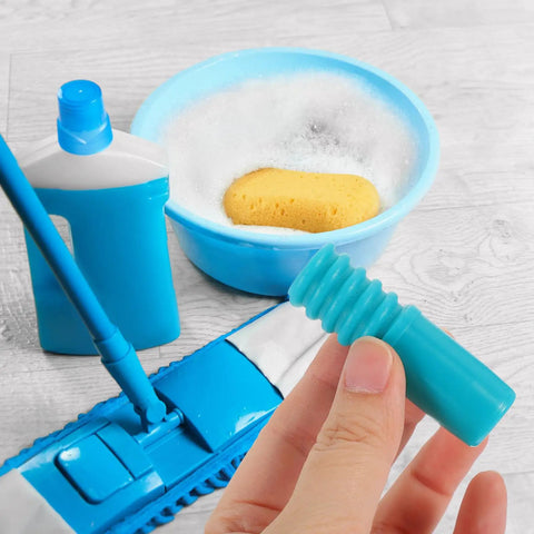 Heavy Duty 2 Pack Threaded Pole End Adapters For 19MM Metal Mop Rods shown in hand with cleaning tools and bubbly water.