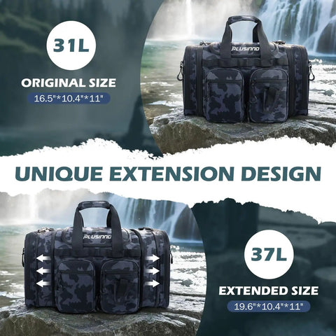 Expandable Fishing Tackle Bag With Zip Expandable Design shows 31L and 37L sizes with camo pattern in outdoor setting.