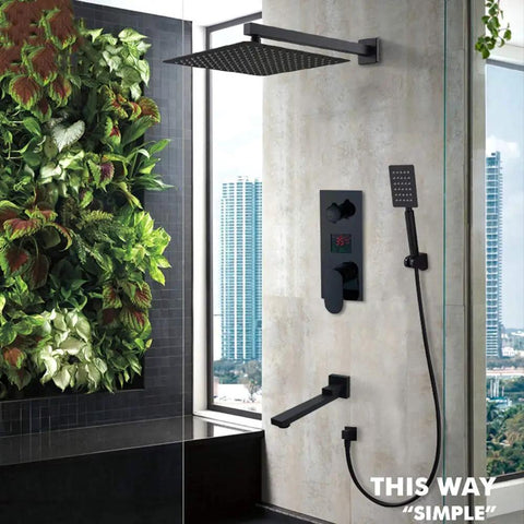UMJIGF Led Digital Display Shower System Wall Mounted Concealed Shower Faucet Set Multifunction Matte Black with overhead shower.