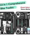 All In One 23 Piece Bike Tool Kit With Durable Storage Case open showing tools for mountain and road bikes home maintenance.