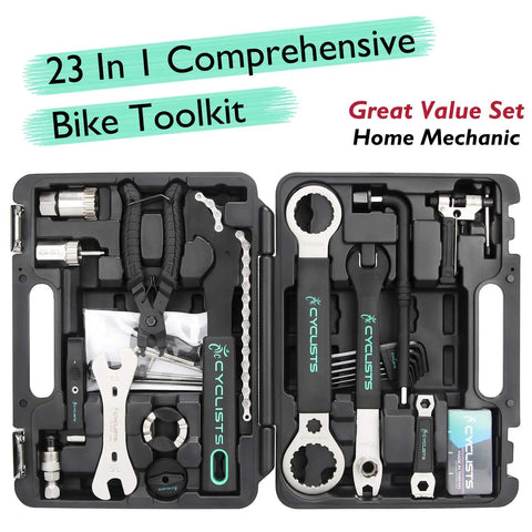 All In One 23 Piece Bike Tool Kit With Durable Storage Case open showing tools for mountain and road bikes home maintenance.