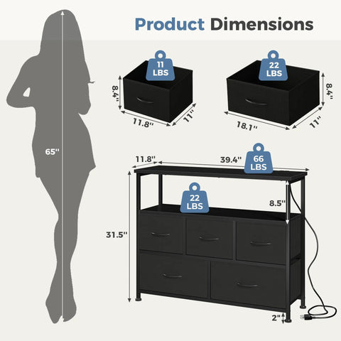 Compact Media Console And Dresser Combo With Five Fabric Storage Drawers Open Shelf For TV Dimensions