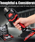 Heavy Duty Wireless Crimping Tool Kit With Seven Quick Swap Dies, 21 Volt Rechargeable Battery And Charger in hand with case.