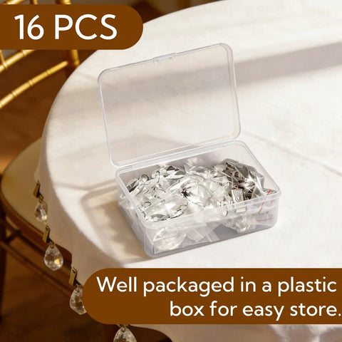 16 Pack Tablecloth Weights With Crystal Teardrop Pendants And Metal Clip Clamps For Glass Table Cover Hangers in a storage box