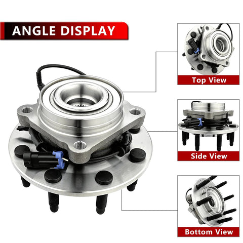 Two Pack Front Wheel Bearing And Hub Assembly For Chevy Silverado 2500 3500 HD Suburban 2500 GMC Sierra 2500 3500 HD Yukon XL 2500 Hummer H2 8 Lug With ABS Beefed Up Heavy Duty Truck Parts, displaying top, side, and bottom views