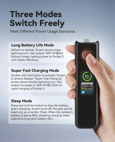 Pocket 4 By 3 Battery Grip With 20W Fast Charging For DJI Pocket 3 Xtra Muse, LCD display showing modes and power details
